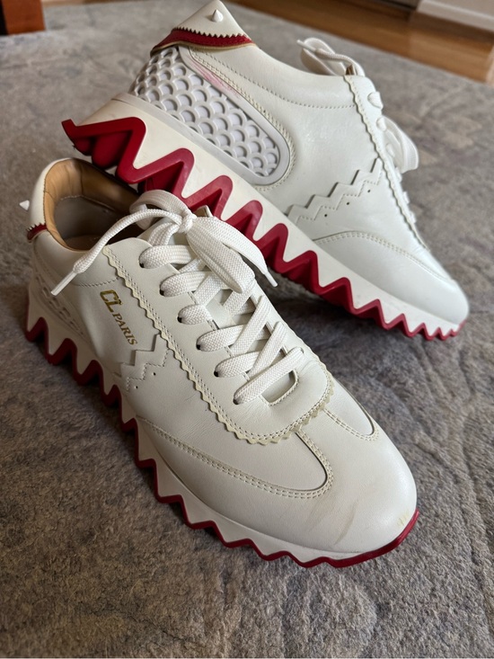 Christian Louboutin Shoes - Christian Louboutin White Leather Zigzag Sole Sneakers with Red Accents